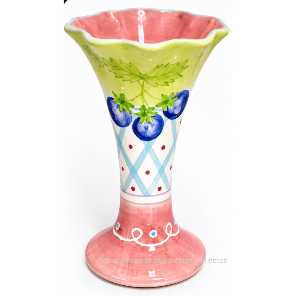 Hand Painted Ceramic Blueberry Trumpet Vase Ruffled Rim Green Pink 6.75"